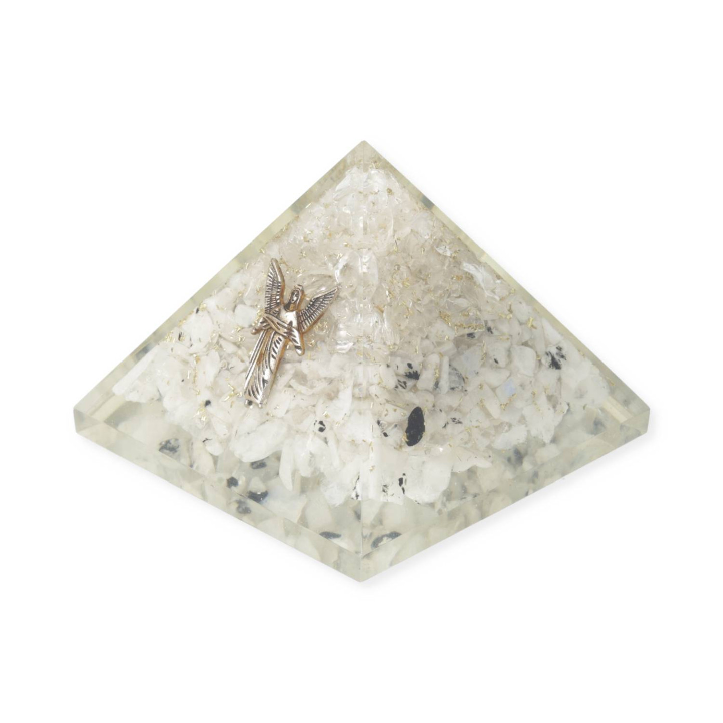 Pyramide d’orgonite pierre de lune arc-en-ciel et cristal de roche avec ange Gabriel
