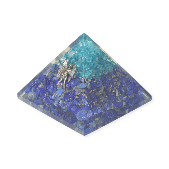 Pyramide d’orgonite lapis-lazuli et aigue-marine avec ange Michel