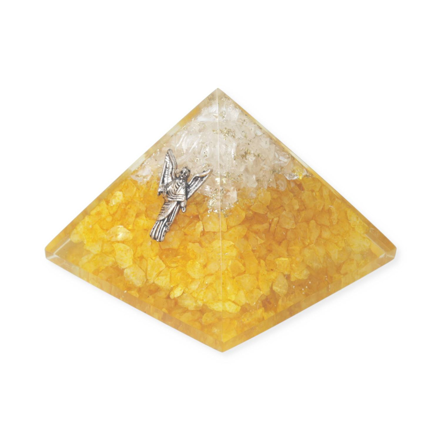 Pyramide d’orgonite citrine et cristal de roche avec ange Uriel