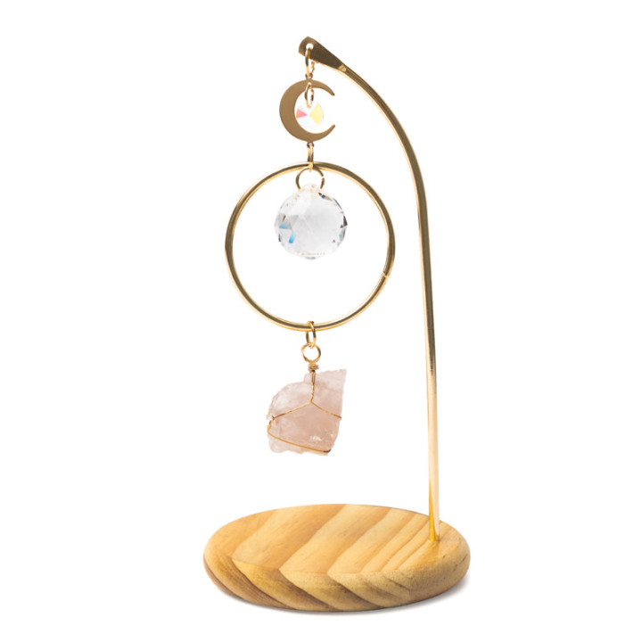 Capteur de soleil sur base en bois lune avec quartz rose