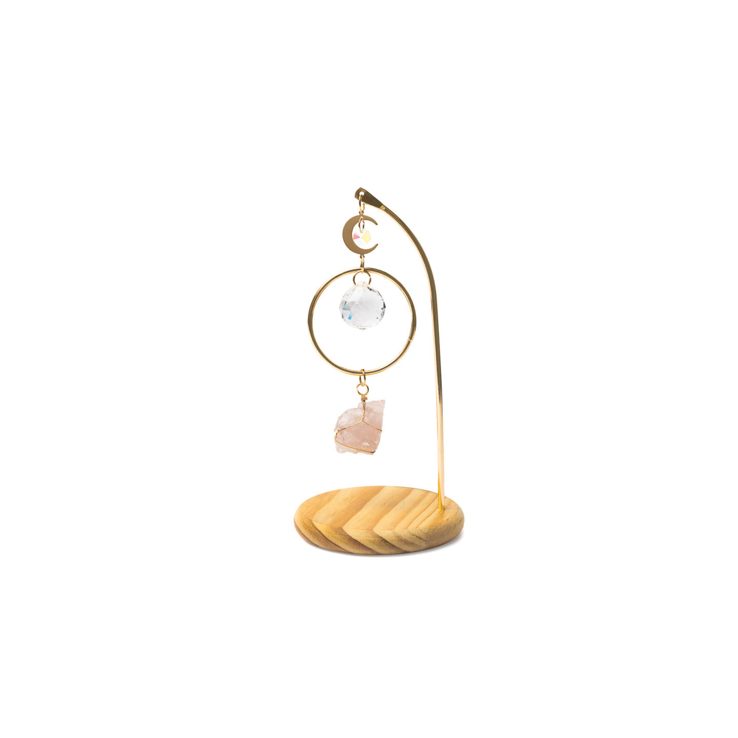 Capteur de soleil sur base en bois lune avec quartz rose