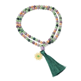 Mala agate mousse, aventurine verte, lépidolite, pierre de soleil & pendentif mandala