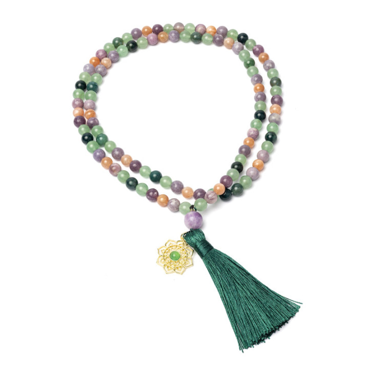 Mala agate mousse, aventurine verte, lépidolite, pierre de soleil & pendentif mandala