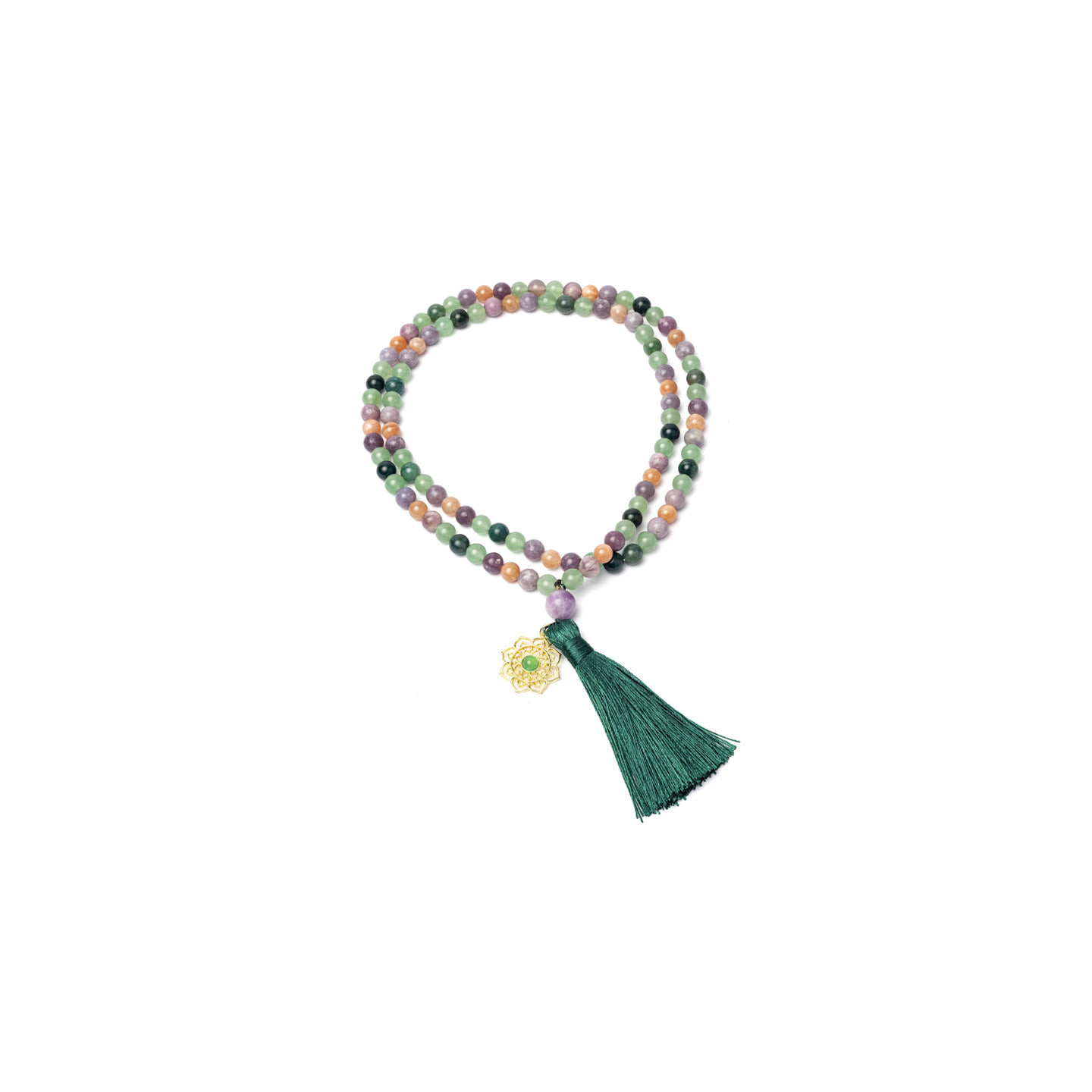 Mala agate mousse, aventurine verte, lépidolite, pierre de soleil & pendentif mandala