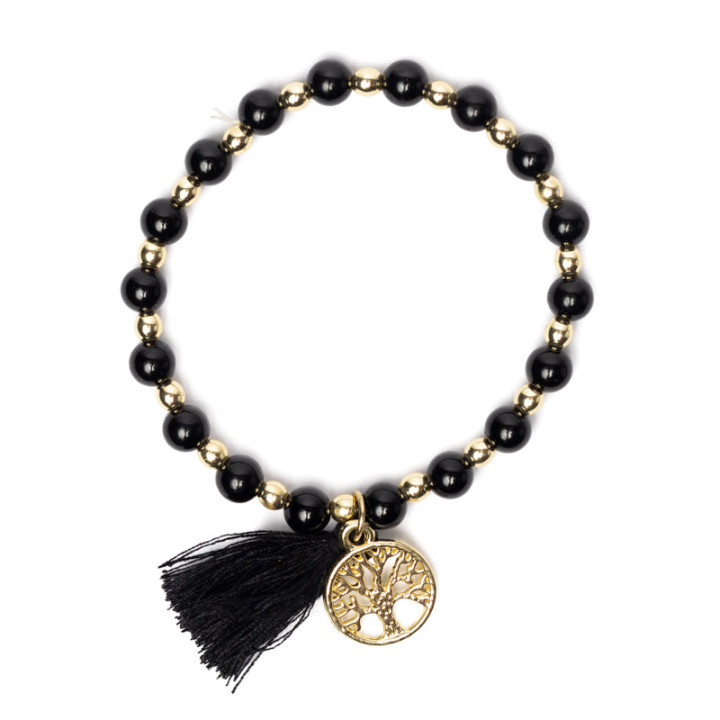 Bracelet tourmaline noire & hématite avec Arbre de Vie et pompon