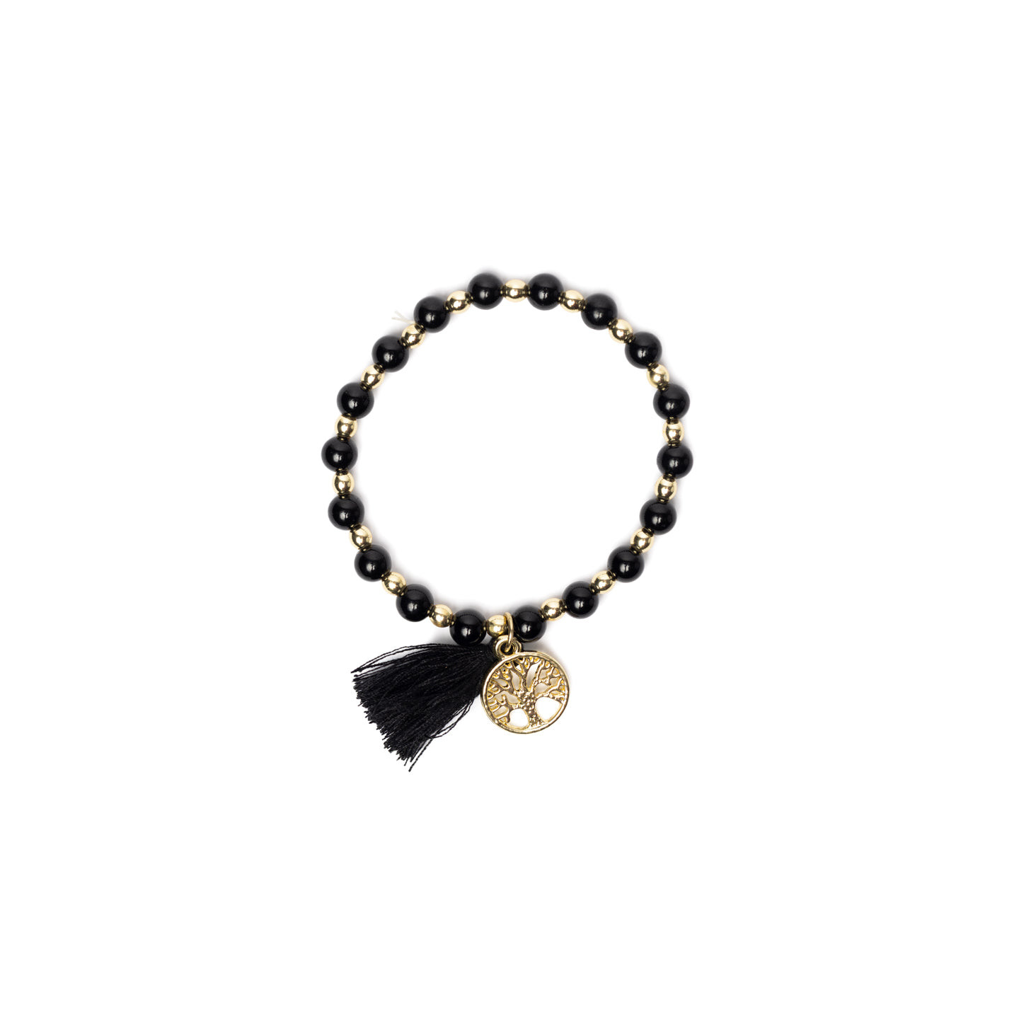Bracelet tourmaline noire & hématite avec Arbre de Vie et pompon