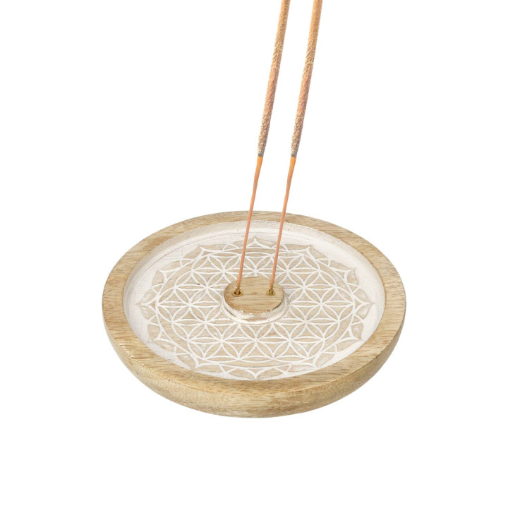 Porte-Encens Mandala Fleur de Vie Bois de Manguier blanchi
