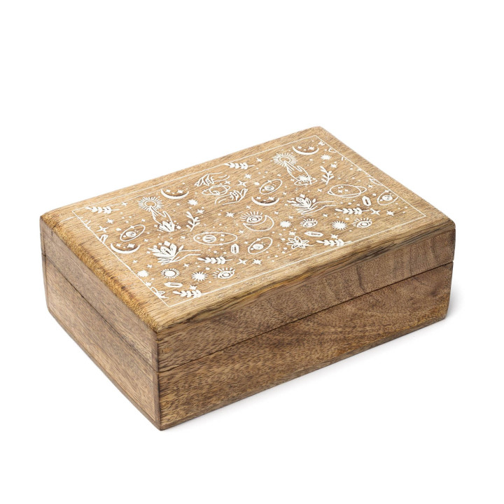 Boîte à Tarot Motif Mystique Bois de Manguier blanchi