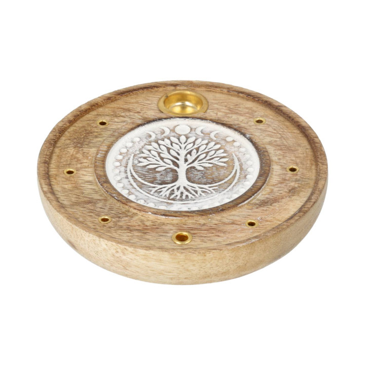 Porte-Encens Rond Arbre de Vie Bois de Manguier blanchi