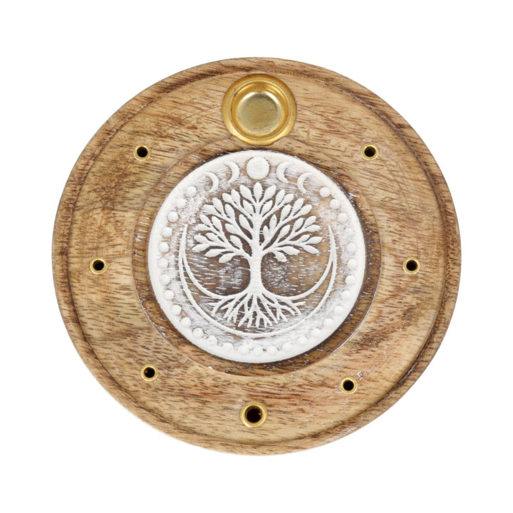 Porte-Encens Rond Arbre de Vie Bois de Manguier blanchi