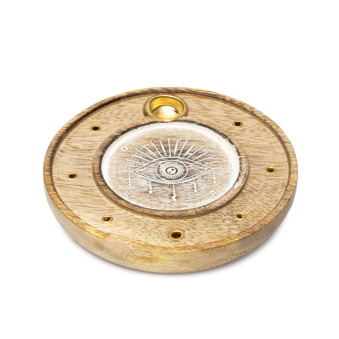 Porte-Encens Rond Œil Omnivoyant Bois de Manguier blanchi