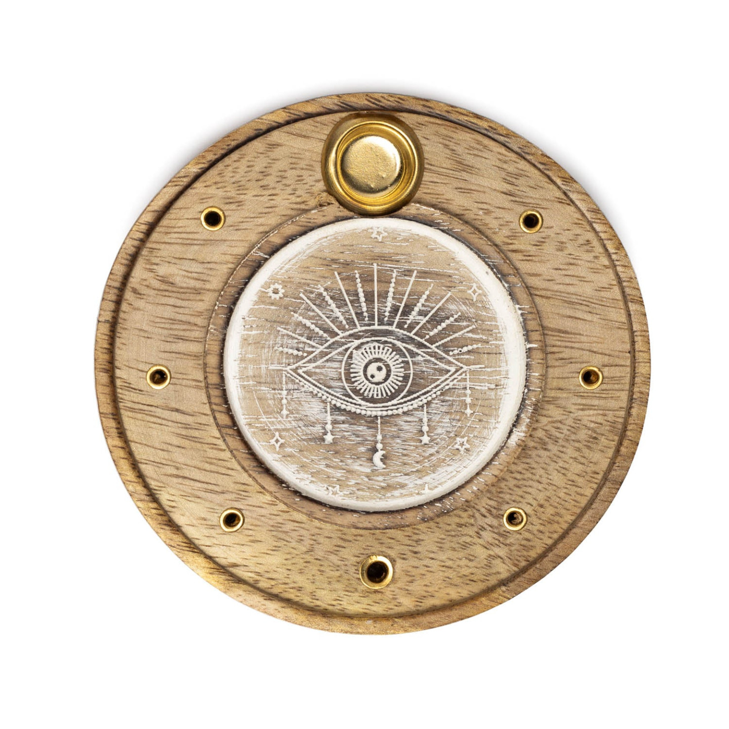 Porte-Encens Rond Œil Omnivoyant Bois de Manguier blanchi