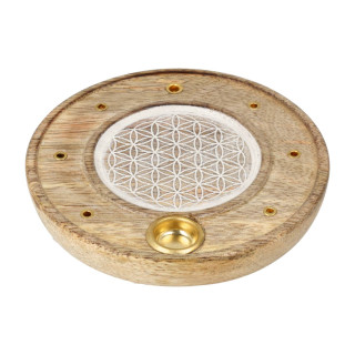 Porte-Encens Rond Fleur de Vie Bois de Manguier blanchi
