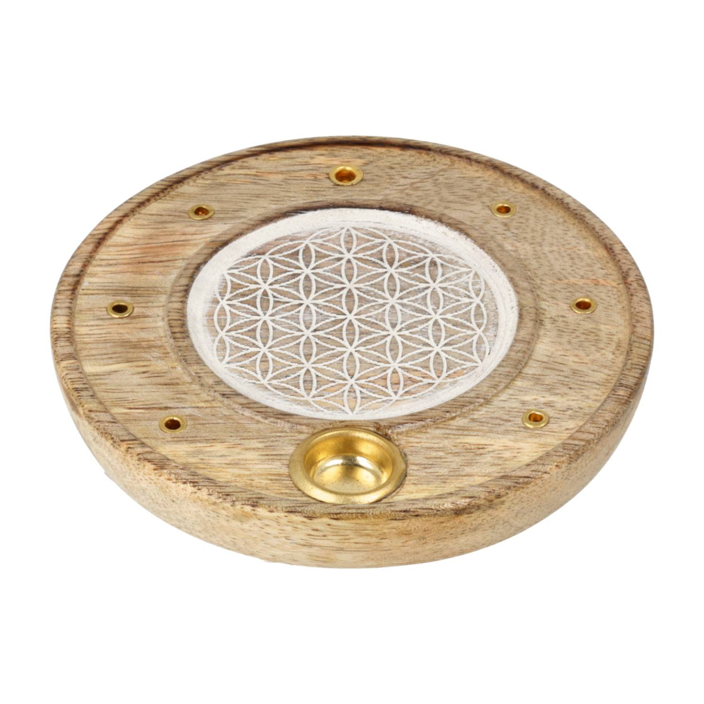 Porte-Encens Rond Fleur de Vie Bois de Manguier blanchi