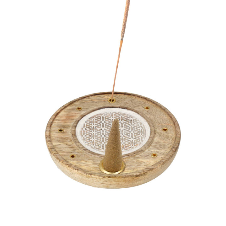 Porte-Encens Rond Fleur de Vie Bois de Manguier blanchi