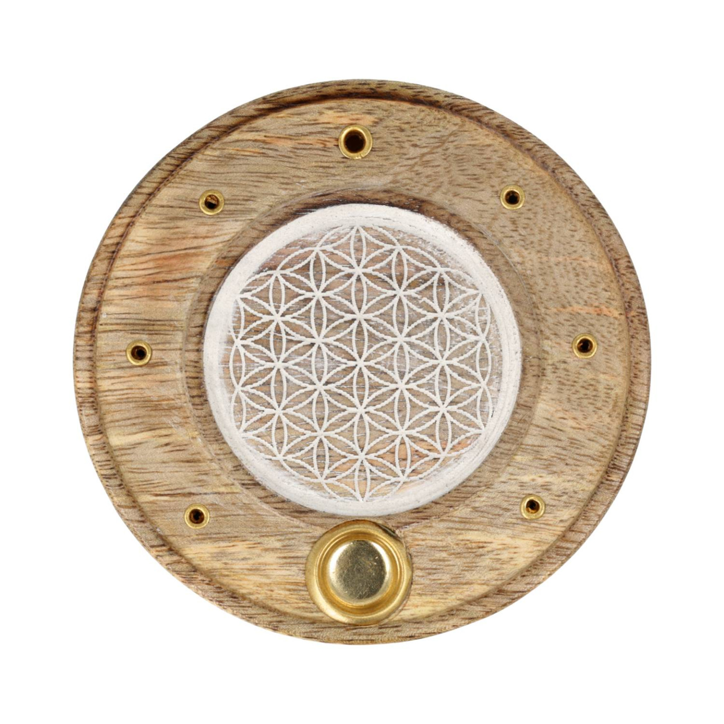 Porte-Encens Rond Fleur de Vie Bois de Manguier blanchi