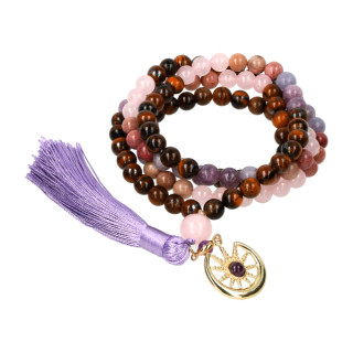 Mala lune & étoile, quartz rose, rhodonite, lépidolite & œil de tigre