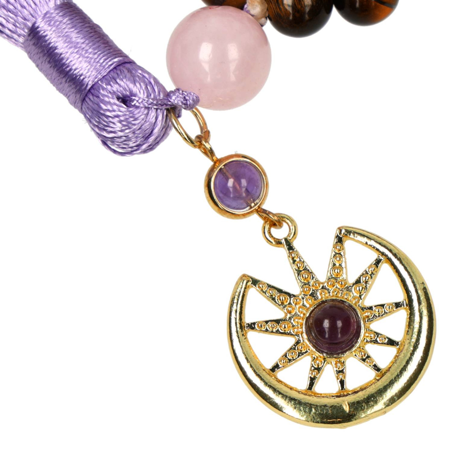 Mala lune & étoile, quartz rose, rhodonite, lépidolite & œil de tigre