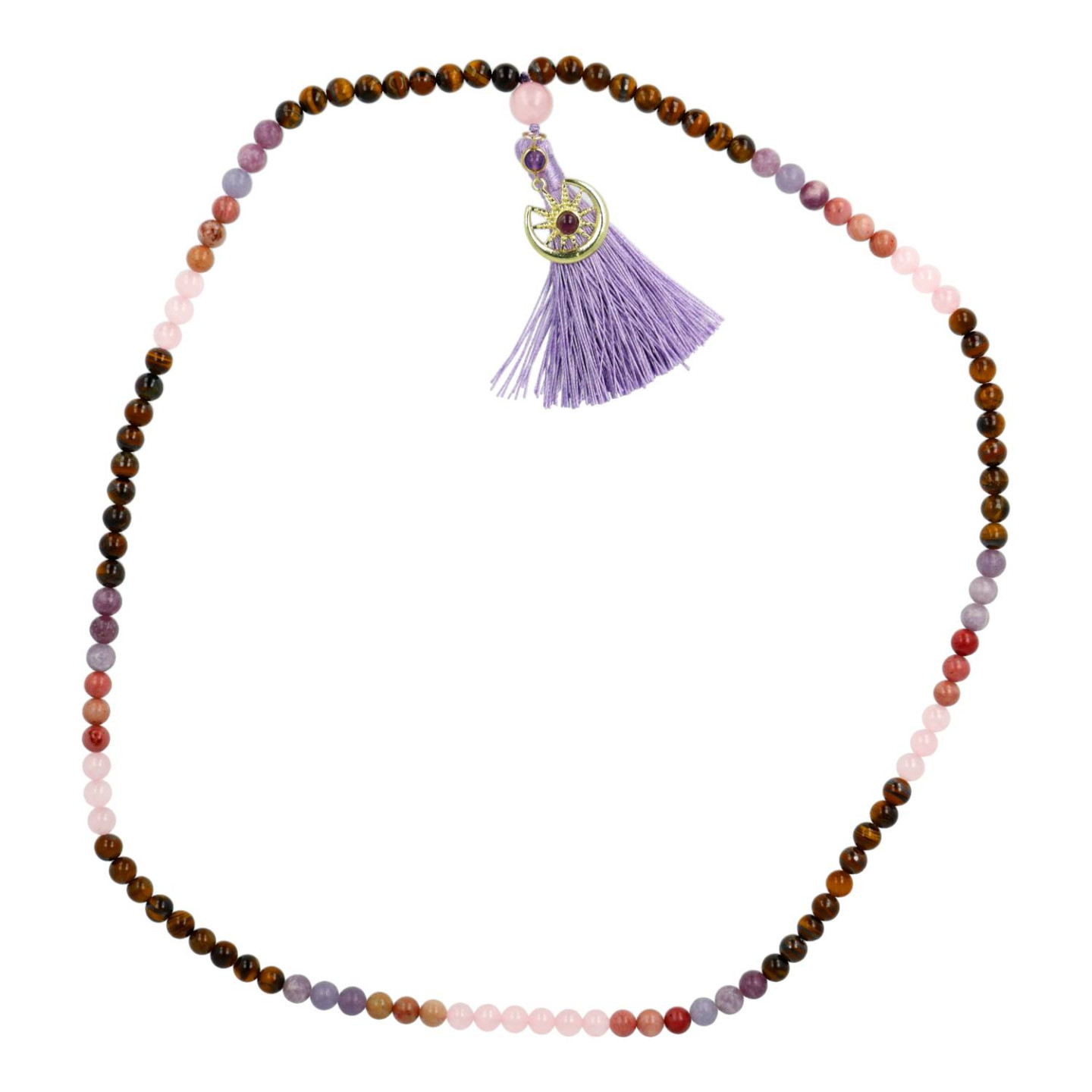 Mala lune & étoile, quartz rose, rhodonite, lépidolite & œil de tigre