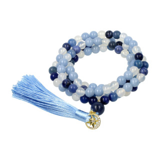 Mala lune & étoile, angélite, aventurine bleue, sodalite & pierre de lune blanche