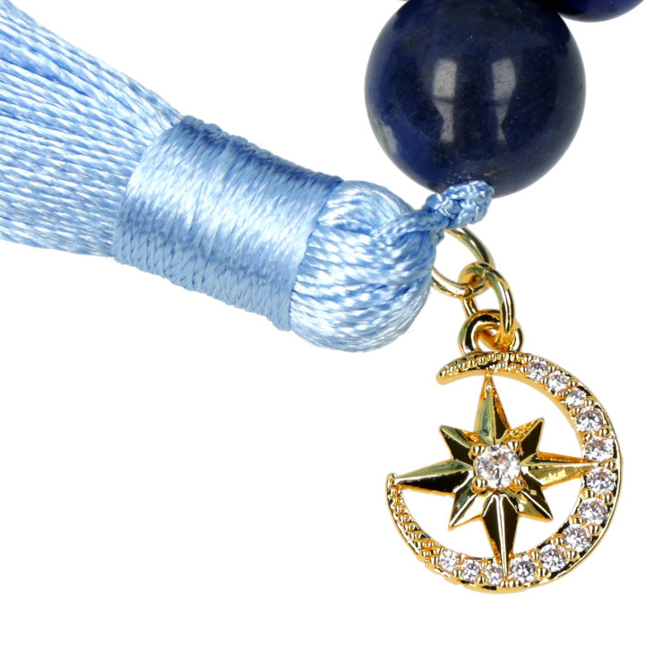 Mala lune & étoile, angélite, aventurine bleue, sodalite & pierre de lune blanche