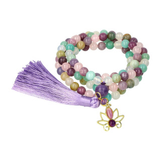 Mala lotus, lépidolite, amazonite, agate blanche & quartz rose