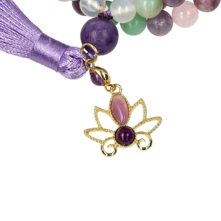 Mala lotus, lépidolite, amazonite, agate blanche & quartz rose