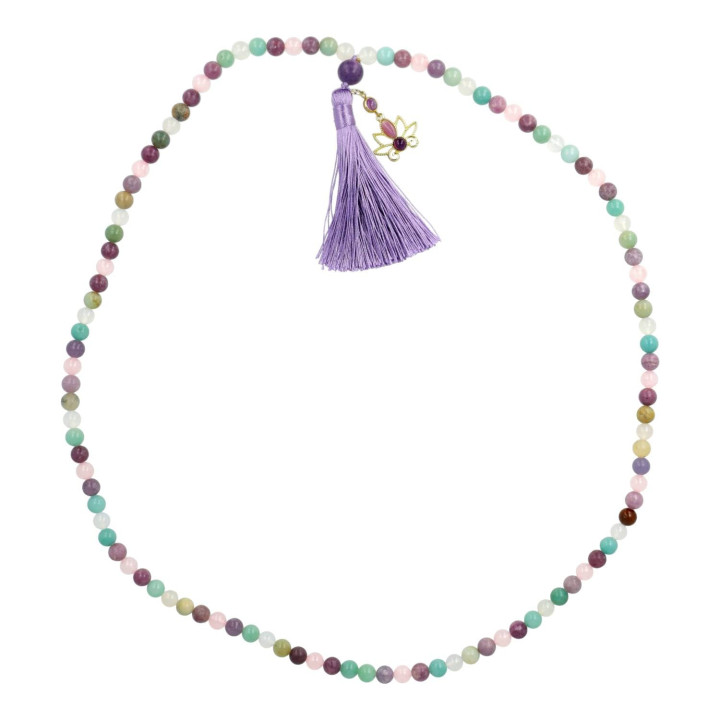 Mala lotus, lépidolite, amazonite, agate blanche & quartz rose
