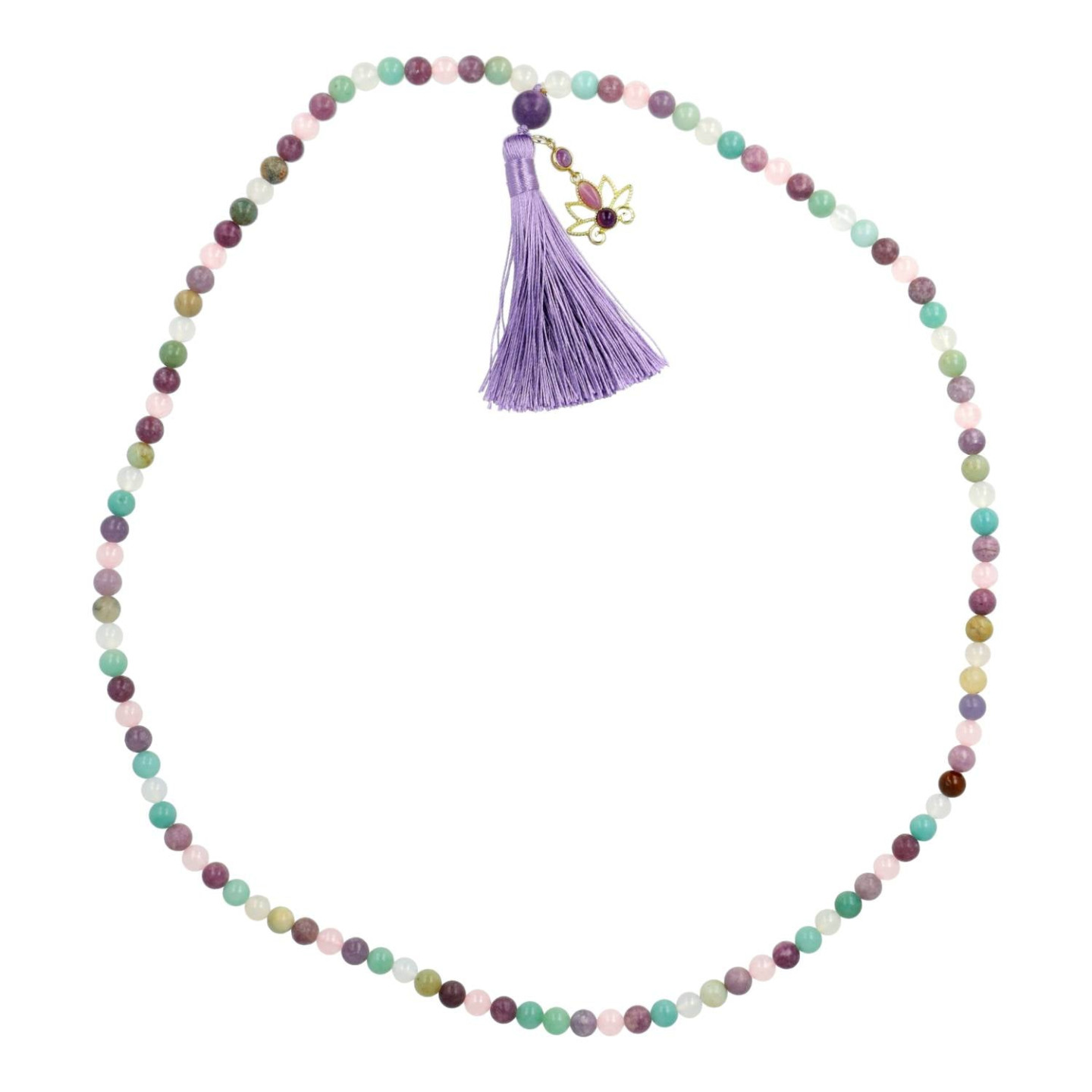 Mala lotus, lépidolite, amazonite, agate blanche & quartz rose