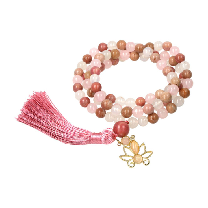 Mala lotus, rhodonite, quartz rose & agate blanche