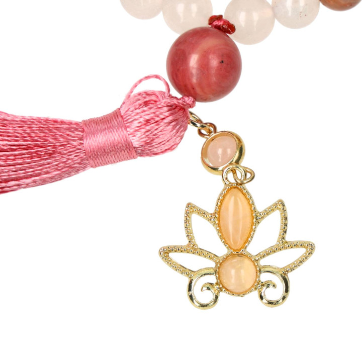 Mala lotus, rhodonite, quartz rose & agate blanche