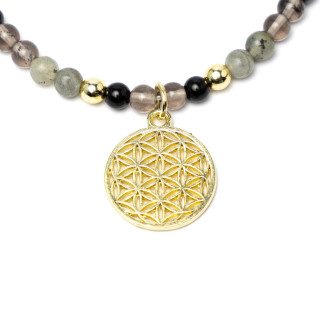 Collier réglable Fleur de Vie, tourmaline noire, obsidienne fumée, labradorite & hématite
