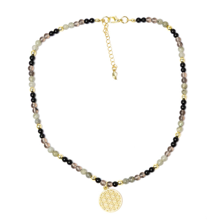 Collier réglable Fleur de Vie, tourmaline noire, obsidienne fumée, labradorite & hématite
