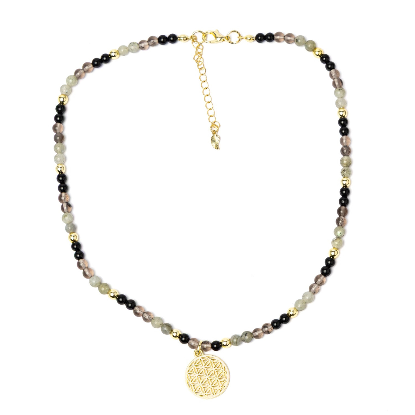 Collier réglable Fleur de Vie, tourmaline noire, obsidienne fumée, labradorite & hématite