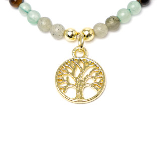 Collier réglable arbre de vie, obsidienne fumée, œil de tigre, labradorite & aventurine