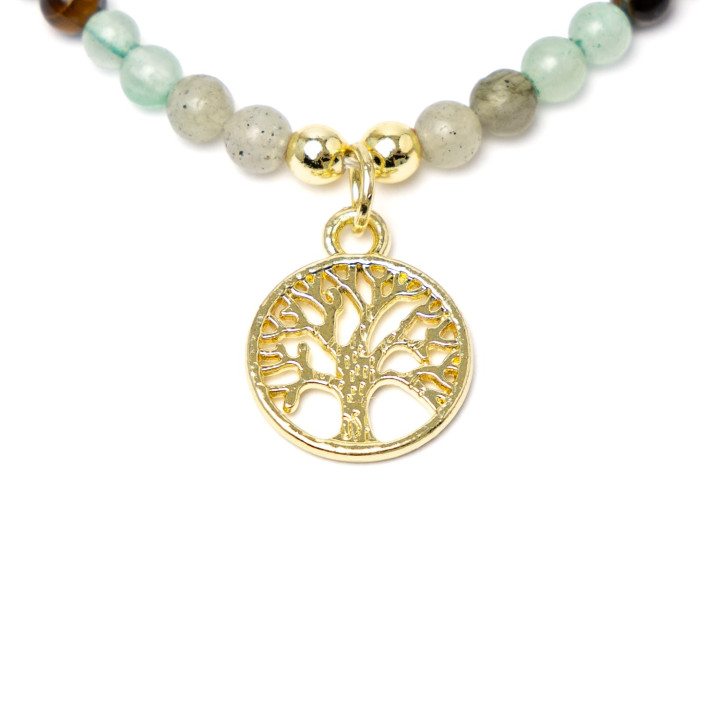 Collier réglable arbre de vie, obsidienne fumée, œil de tigre, labradorite & aventurine