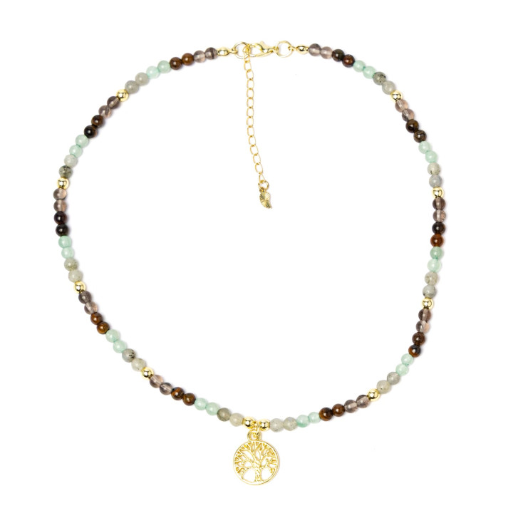 Collier réglable arbre de vie, obsidienne fumée, œil de tigre, labradorite & aventurine