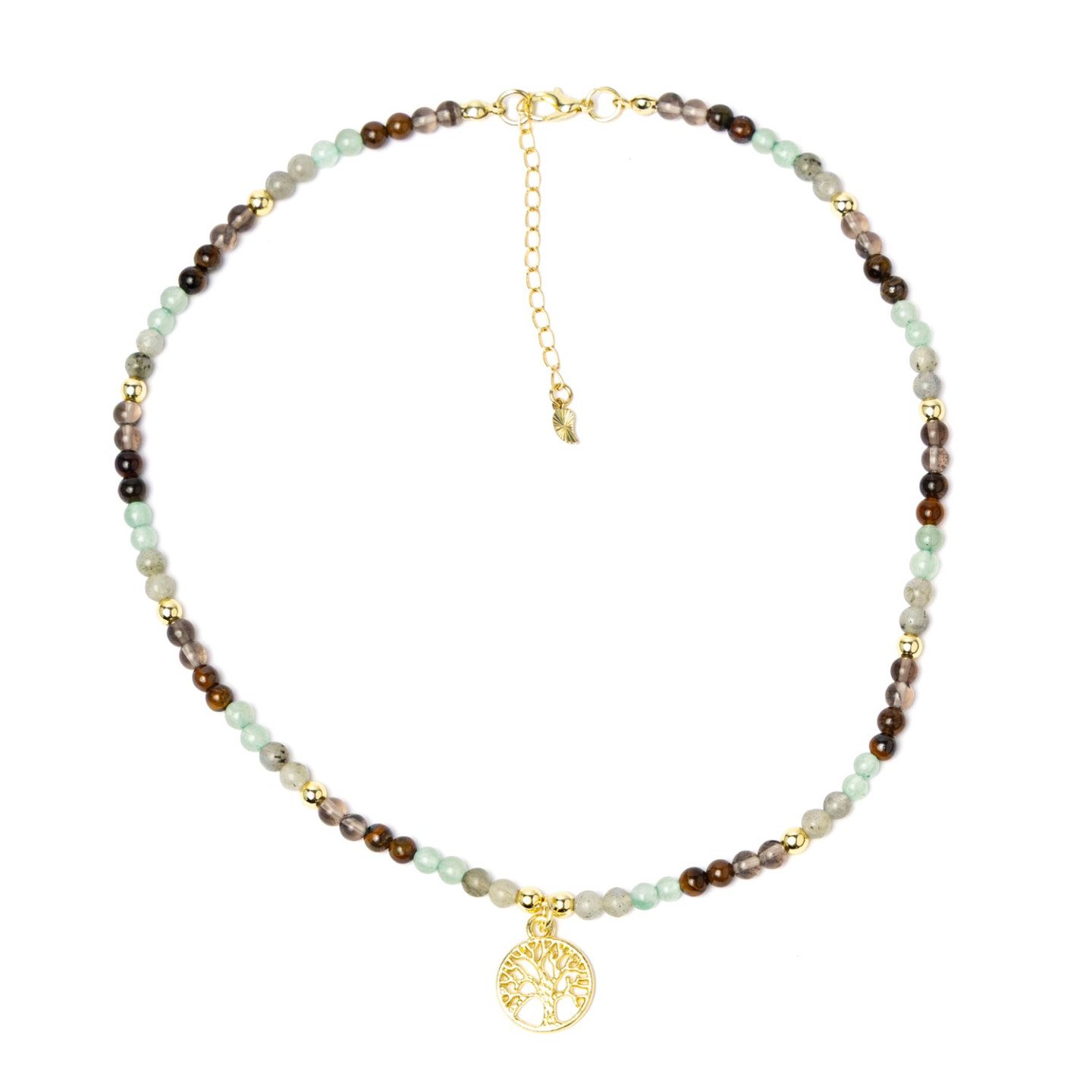 Collier réglable arbre de vie, obsidienne fumée, œil de tigre, labradorite & aventurine