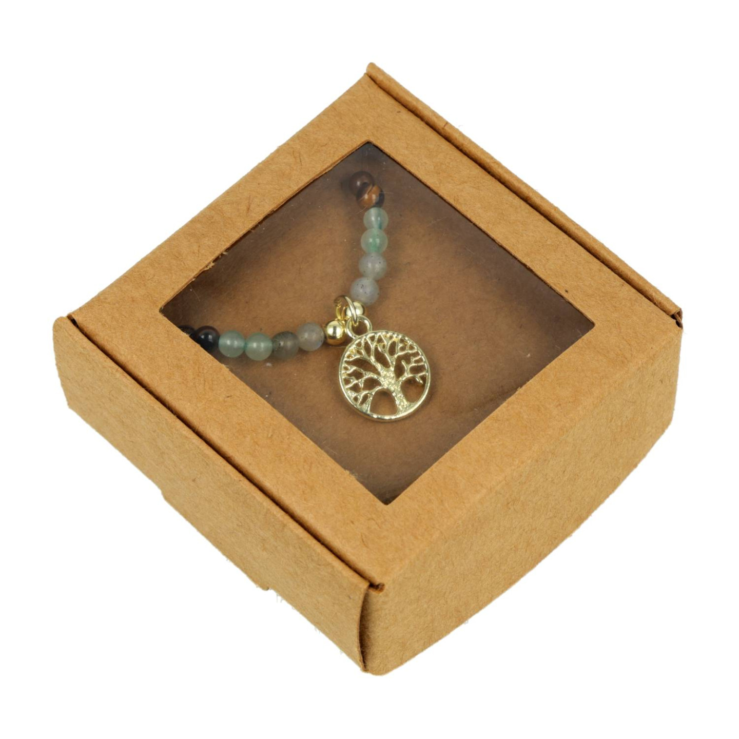 Collier réglable arbre de vie, obsidienne fumée, œil de tigre, labradorite & aventurine