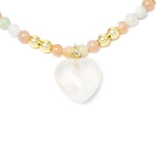 Collier réglable cœur, pierre de lune rose, morganite, pierre de lune blanche & hématite