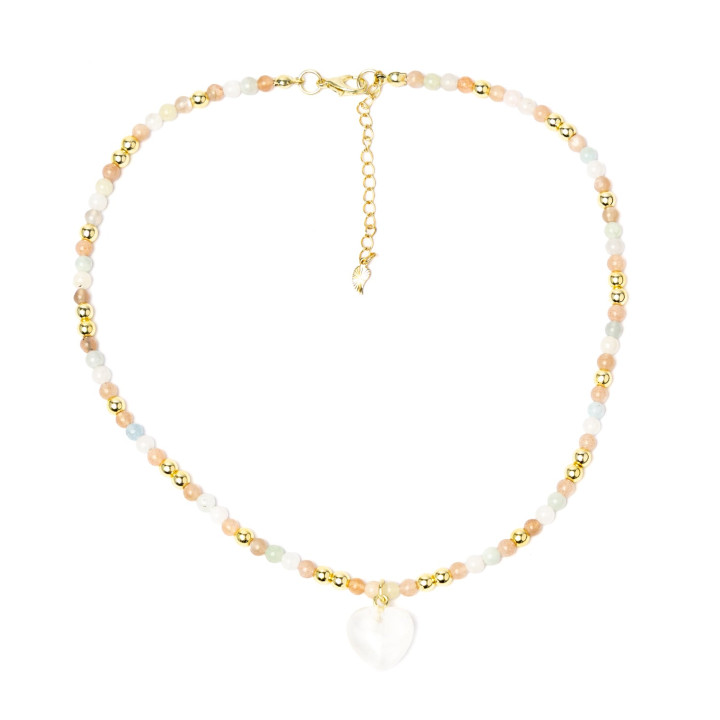 Collier réglable cœur, pierre de lune rose, morganite, pierre de lune blanche & hématite