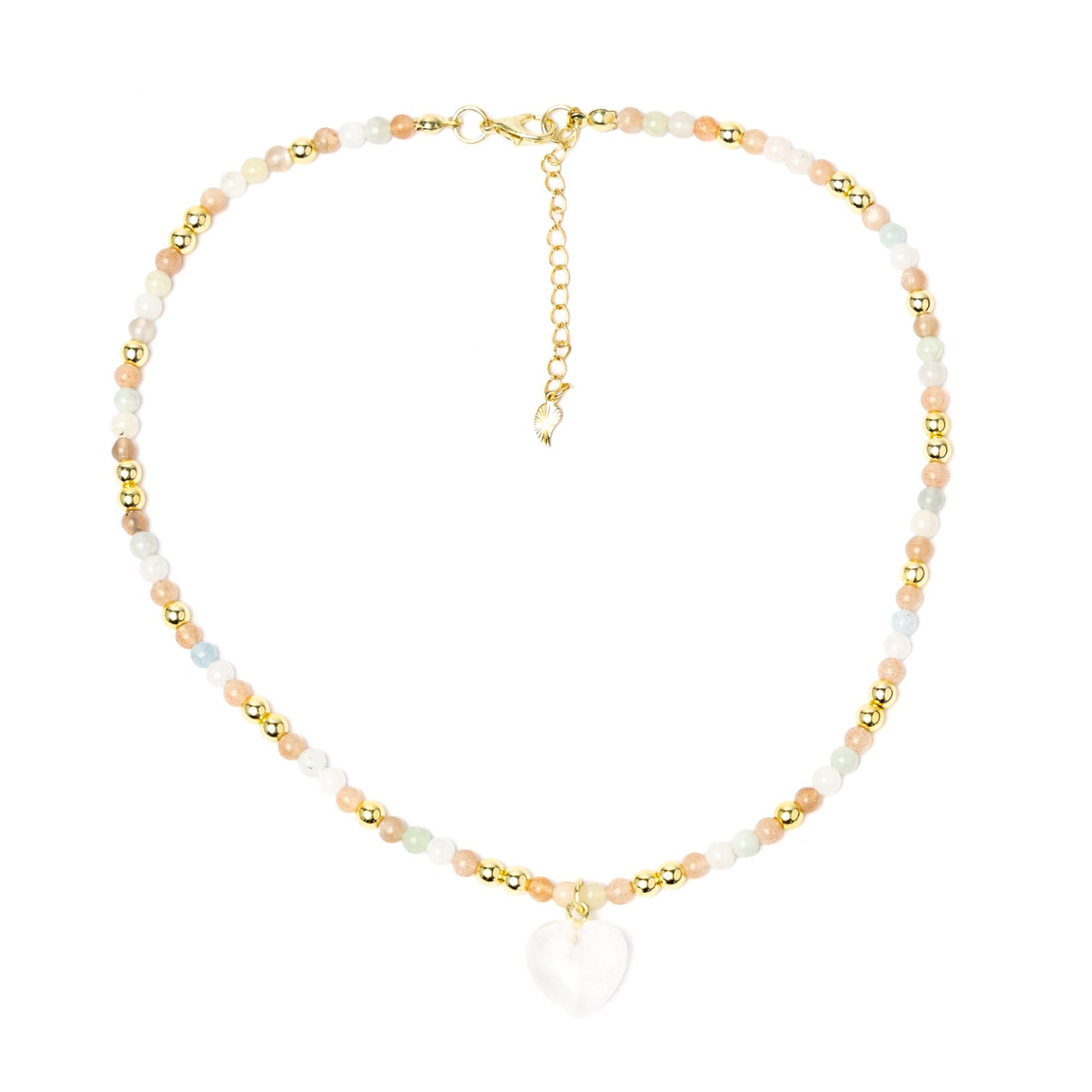 Collier réglable cœur, pierre de lune rose, morganite, pierre de lune blanche & hématite