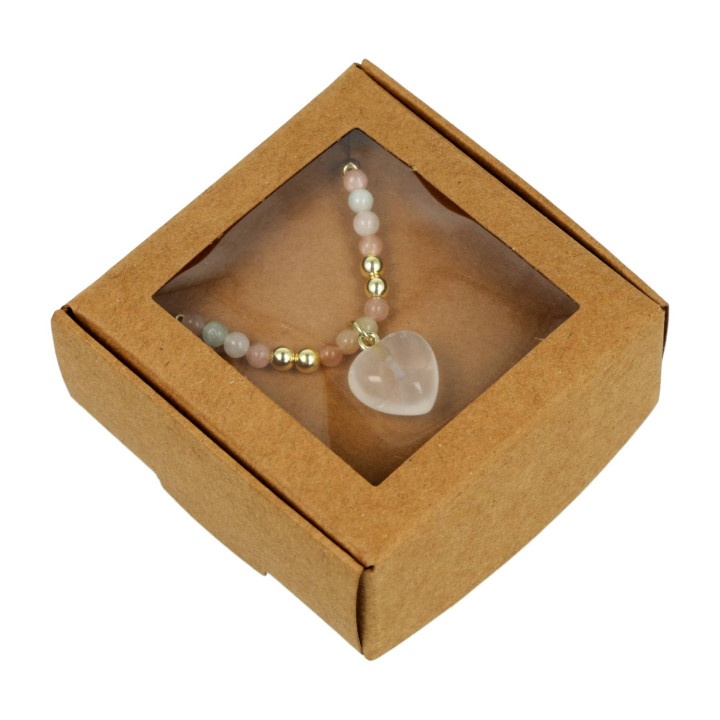 Collier réglable cœur, pierre de lune rose, morganite, pierre de lune blanche & hématite