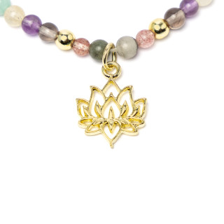 Collier réglable lotus, quartz fraise, amazonite, citrine (améthyste chauffée), améthyste, obsidienne fumée & hématite