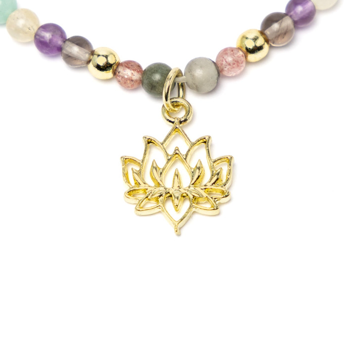 Collier réglable lotus, quartz fraise, amazonite, citrine (améthyste chauffée), améthyste, obsidienne fumée & hématite