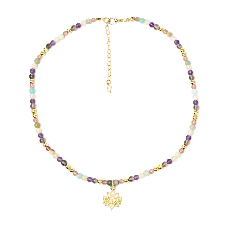 Collier réglable lotus, quartz fraise, amazonite, citrine (améthyste chauffée), améthyste, obsidienne fumée & hématite