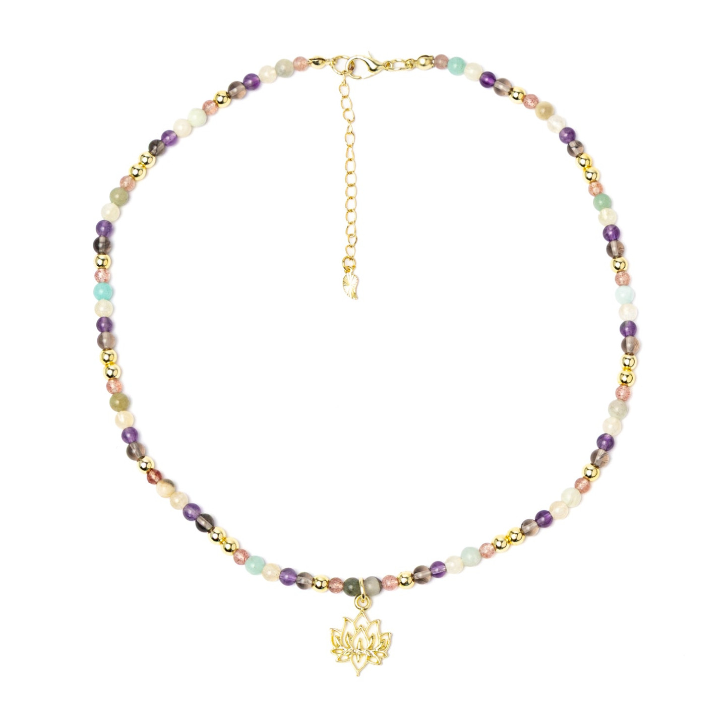 Collier réglable lotus, quartz fraise, amazonite, citrine (améthyste chauffée), améthyste, obsidienne fumée & hématite