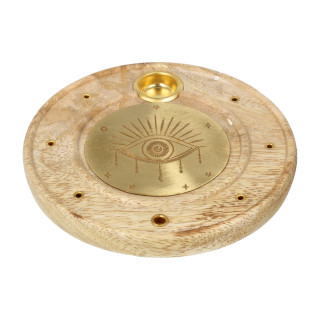 Brûle-encens rond Œil qui voit tout bois de manguier laiton