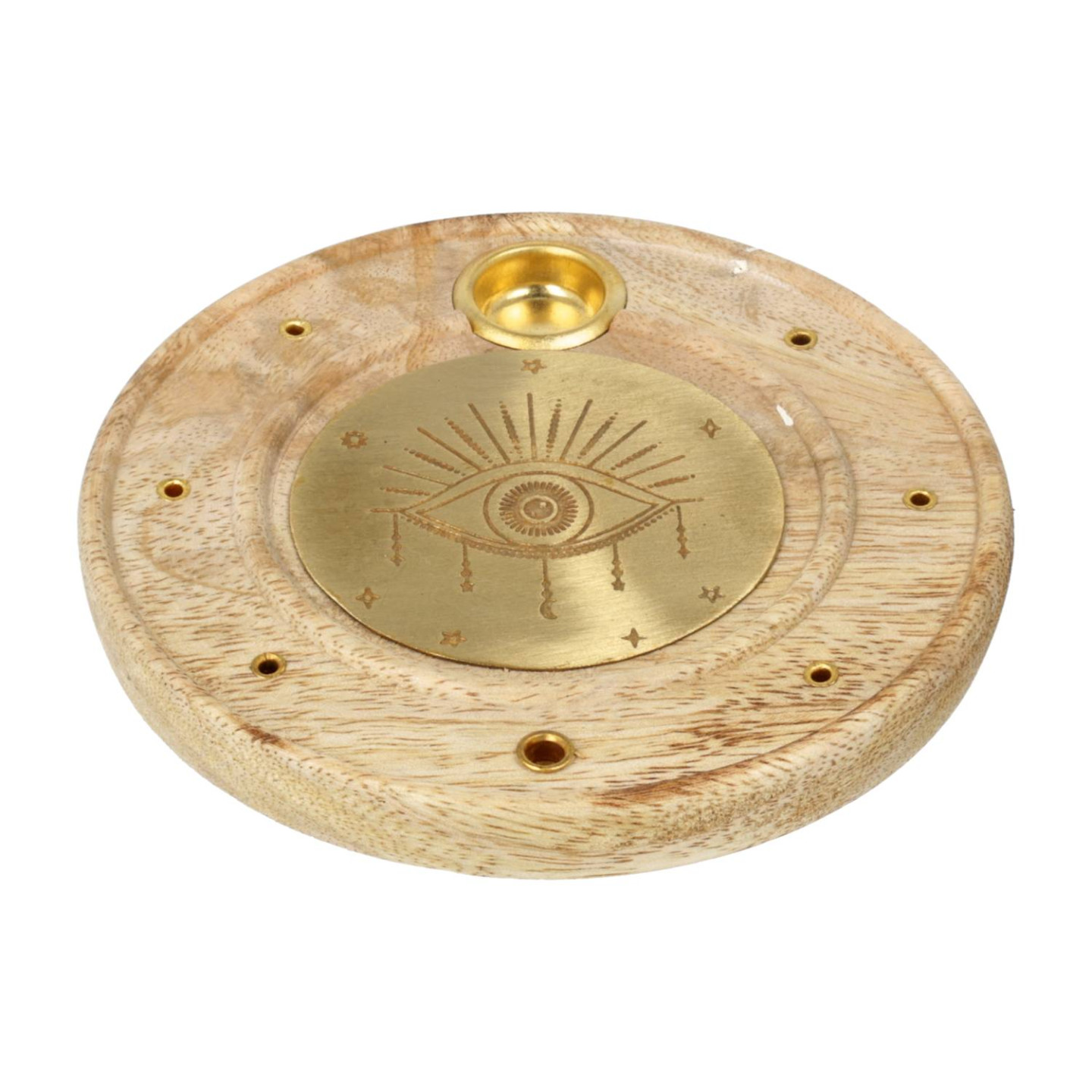Brûle-encens rond Œil qui voit tout bois de manguier laiton