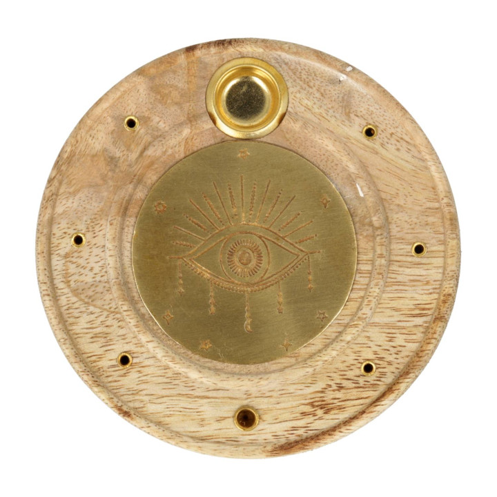 Brûle-encens rond Œil qui voit tout bois de manguier laiton